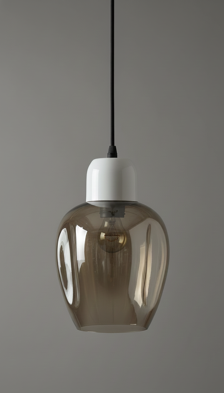 Smoked glass pendant light with white base on a gray background