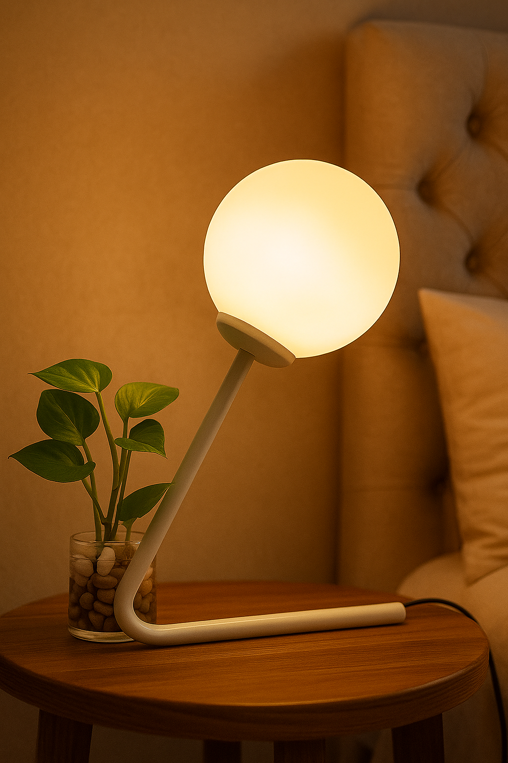 Table lamp with a round bulb on a wooden side table next to a plant, against a warm-toned wall.