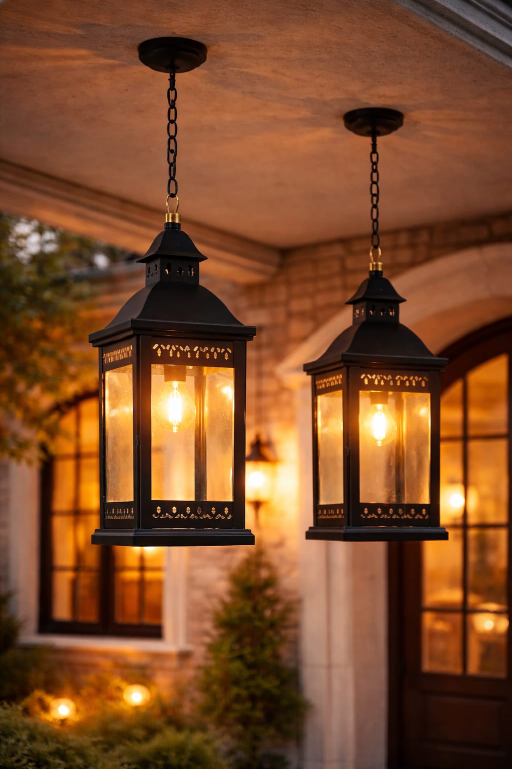 Two hanging outdoor lanterns with warm glow in front of a building entrance.