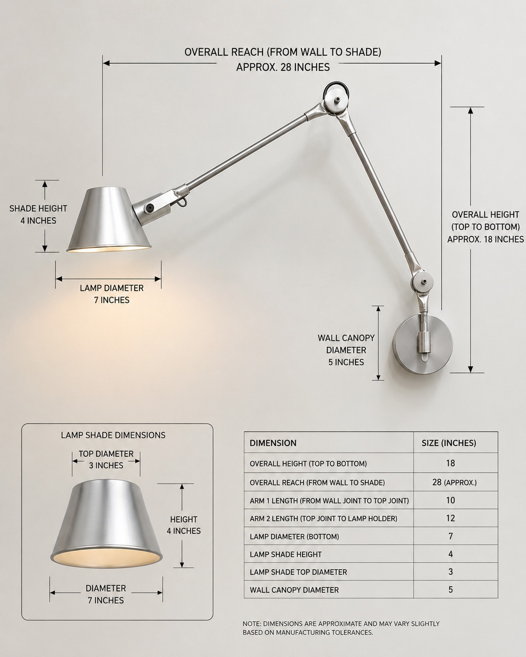 Wall-mounted lamp with dimensions and specifications on a light gray background