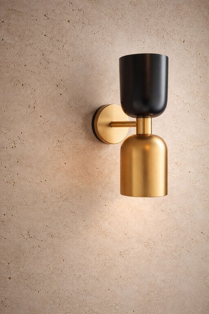 Wall-mounted light fixture with black top and gold base on a beige wall.
