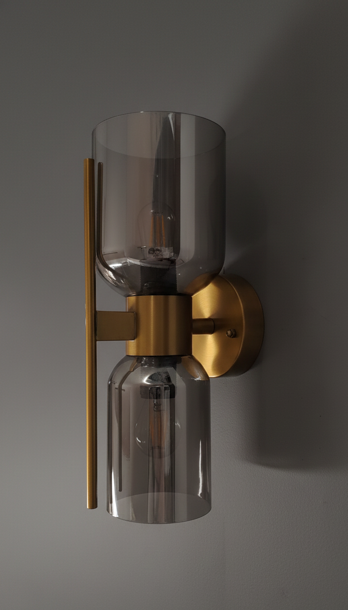 Wall-mounted light fixture with smoked glass shades and gold accents on a gray background