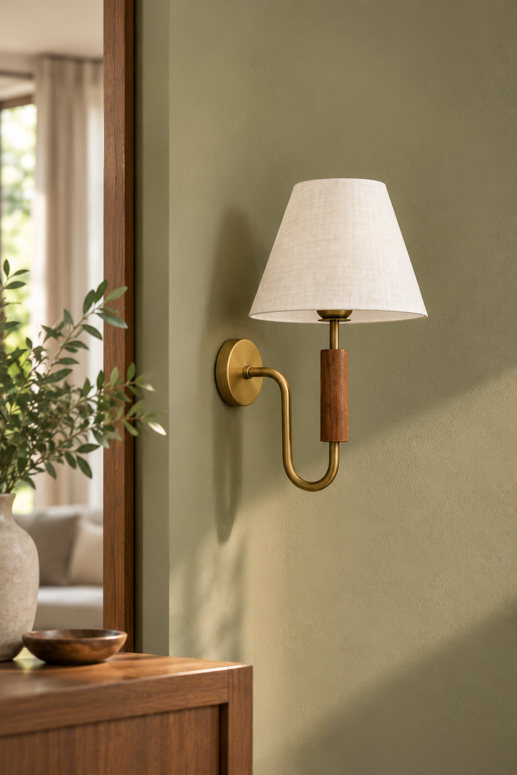 Wall-mounted wooden light creating soft, calming illumination for resort and hospitality spaces.