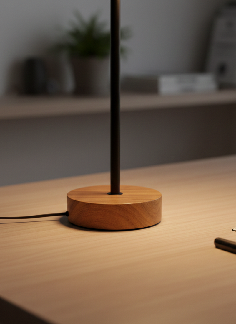 Wooden desk lamp on a wooden surface with a blurred background