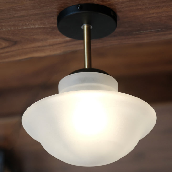 Sophisticated ceiling light with intricately designed frosted glass.