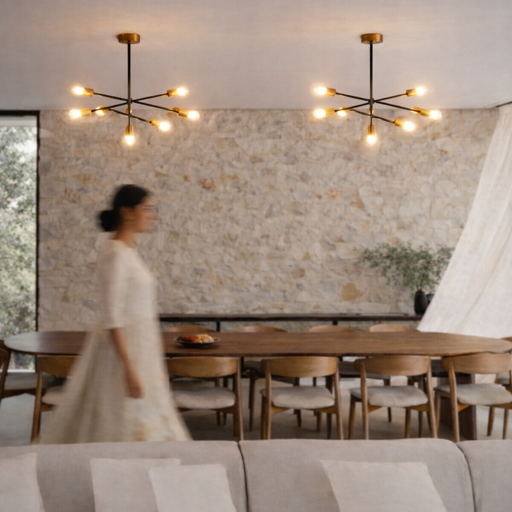 Dining area with modern chandeliers, a woman in a white dress, and a stone wall.