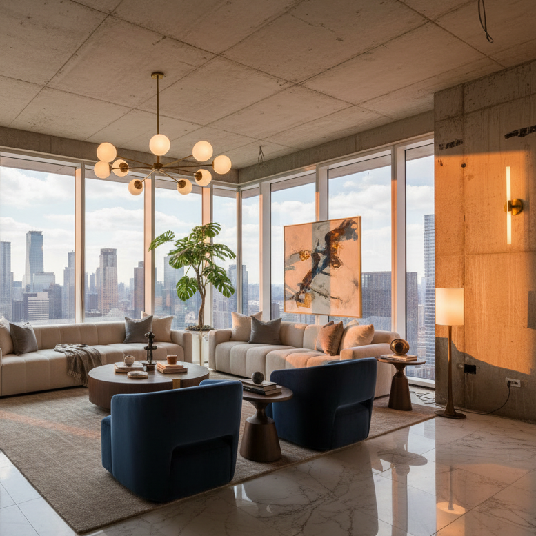 Modern living room with city skyline view