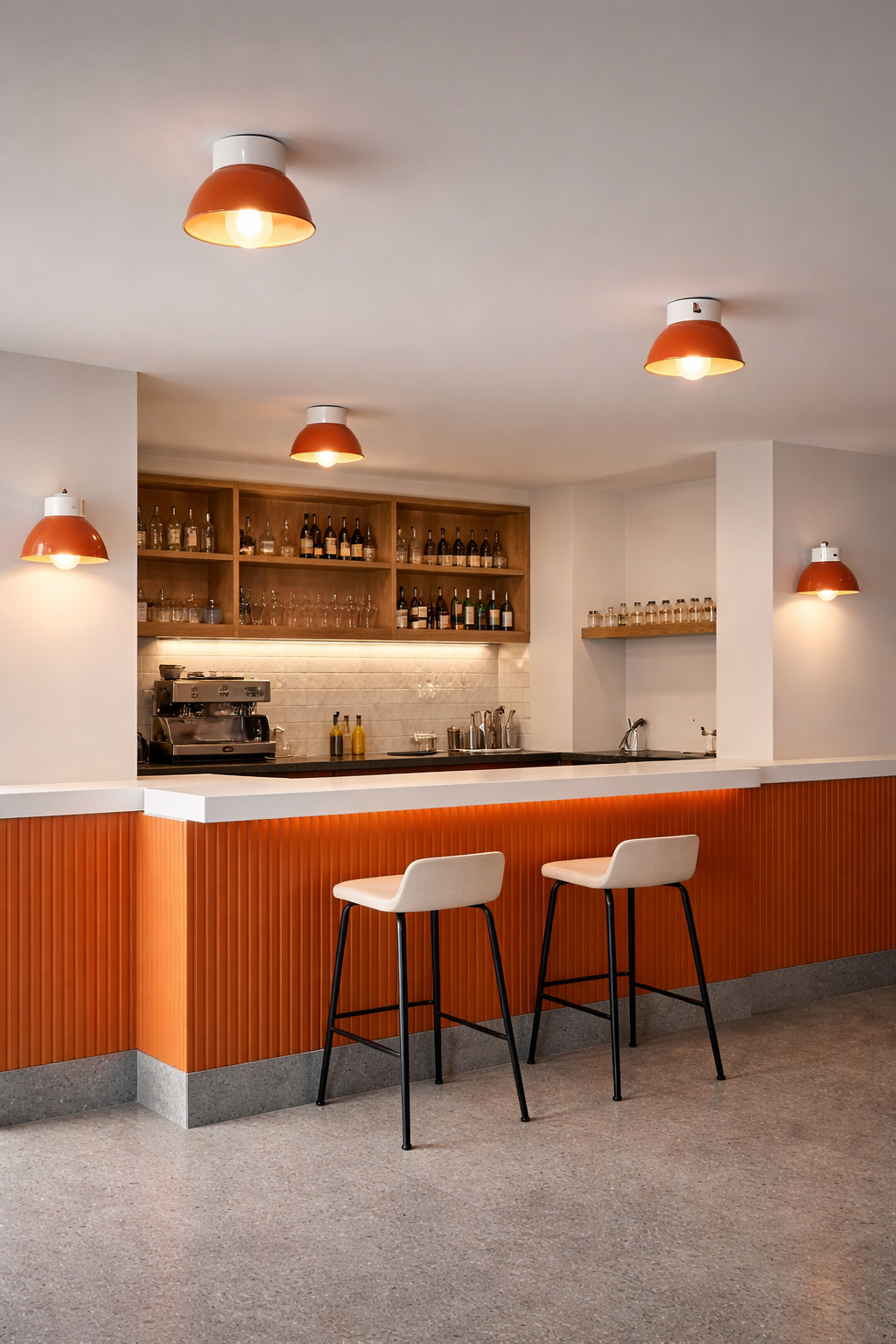 Modern kitchen with orange and white color scheme, featuring bar stools and a counter.