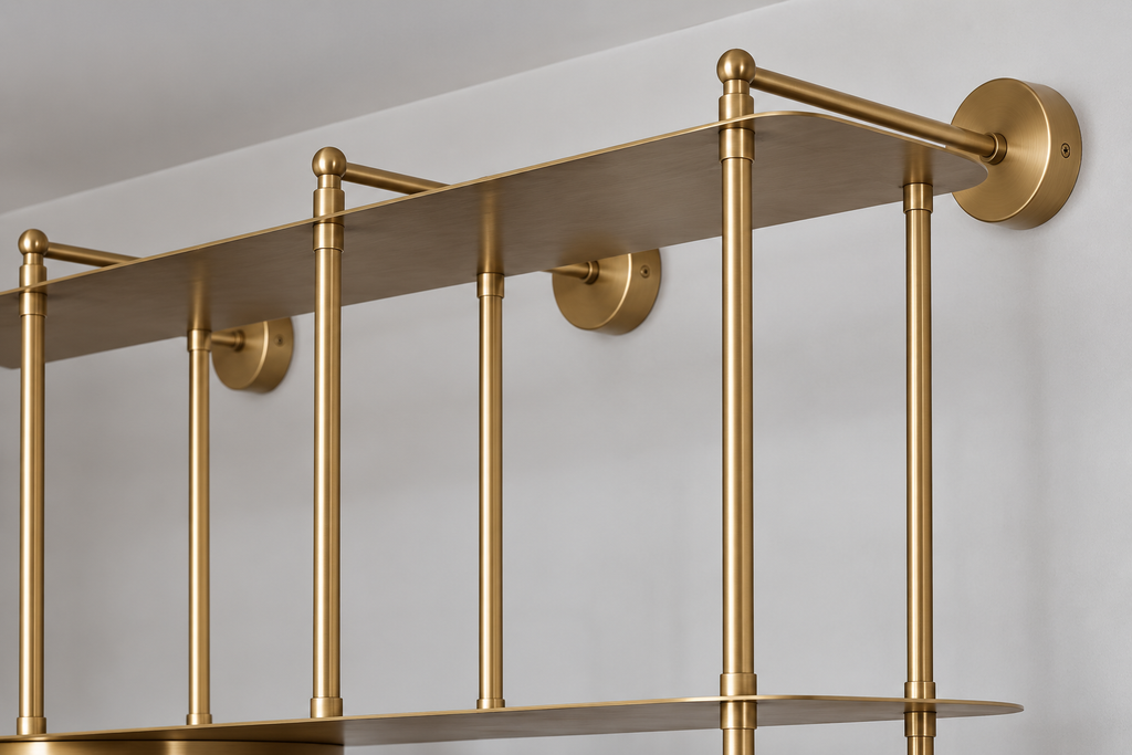 Gold metal wall-mounted shelving with vertical support rods and two horizontal shelves, shown installed against a white wall.