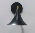 A black wall sconce with a frosted glass shade and a visible metal structure, mounted on a wall.