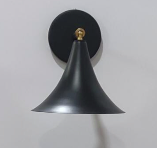 A black wall sconce with a frosted glass shade and a visible metal structure, mounted on a wall.