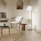 BLACK STEEL INDUSTRIAL NORDIC FLOOR LAMP WHITE SHADE CHAIR FURNITURE MIDCENTURY MODERN BEIGE INTERIORS UNIQUE LAMP DESIGNER INDIA