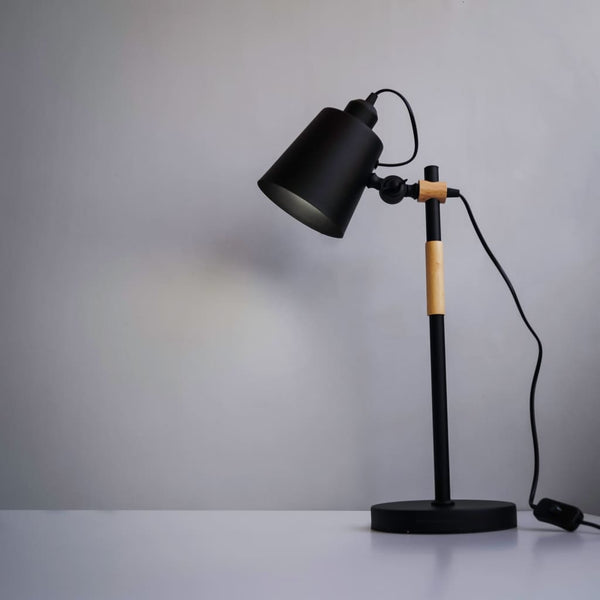 black metal and wood table lamp