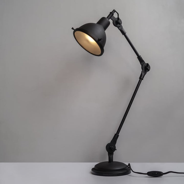 Coal Black Swing-Arm Industrial Desk Lamp With Frosted Glass Cover - The Black Steel