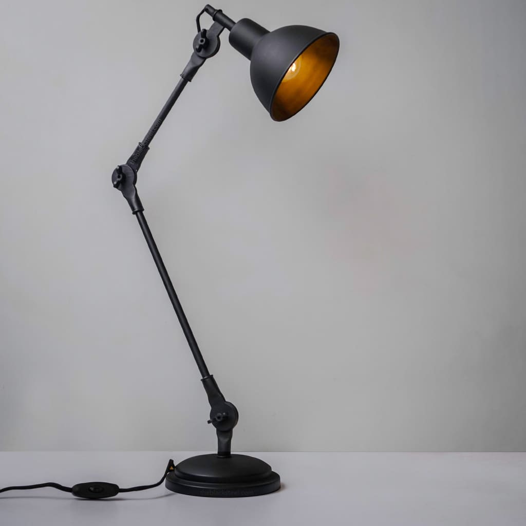 Coal Black Swing-Arm Industrial Desk Lamp With Frosted Glass Cover - The Black Steel