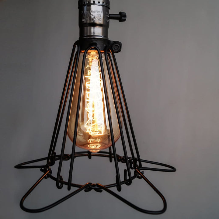 Edison Cage Pendant Industrial Light High Gloss Finish E27 Holder With Switch - The Black Steel
