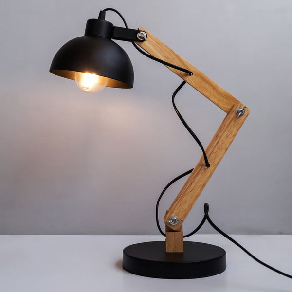 Mid-Century Essential Desk Lamp In Black Metal And Wood - The Black Steel