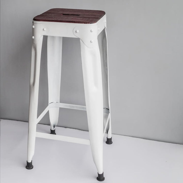 Tall White Bar Stool Industrial Style Furniture Riveted Iron Wood Accent - Set of 4 - The Black Steel