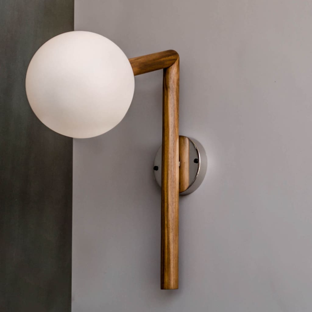 Teak Wood Wall Sconce Frosted Glass Fixture - The Black Steel