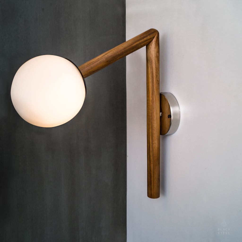 Teak Wood Wall Sconce Frosted Glass Fixture - The Black Steel
